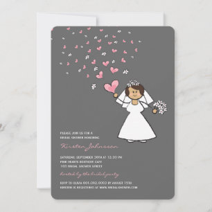 Cartoon Bride Pink Hearts Flowers Bridal Shower Invitation