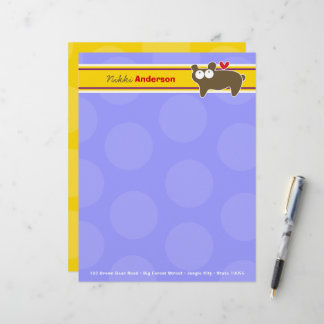 Cartoon Brown Bear Purple Dots Fun Kids Children Letterhead