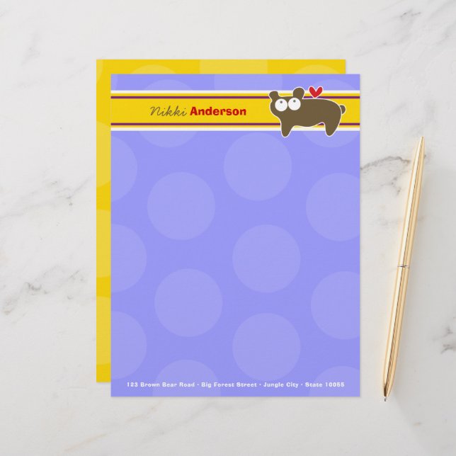 Cartoon Brown Bear Purple Dots Fun Kids Children Letterhead (Front/Back In Situ)