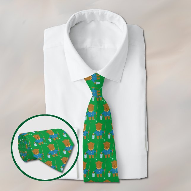 Cartoon Brown Bear with Fishing Rod Green Neck Tie (Creator Uploaded)