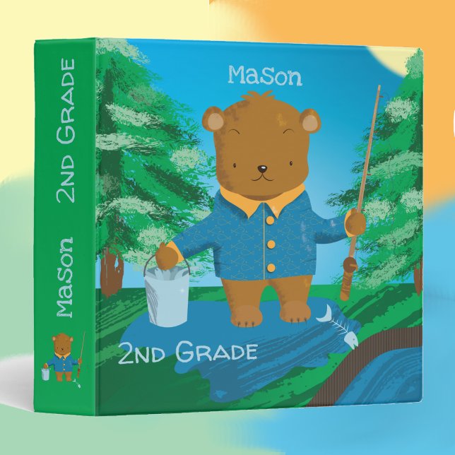 Cartoon Brown Fishing Bear Kid School Binder (Creator Uploaded)