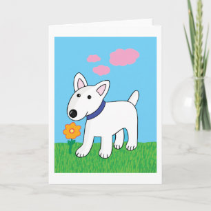 Cartoon Bull Terrier Dog w Flower Greeting Card