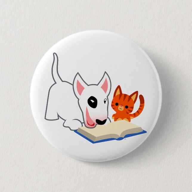 Cartoon Bullie and Kitty with Book Button Badge (Front)