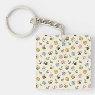 Cartoon Bumble Bee and Flowers Pattern Keychain