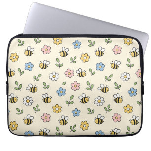 Cartoon Bumble Bee and Flowers Pattern Laptop Sleeve