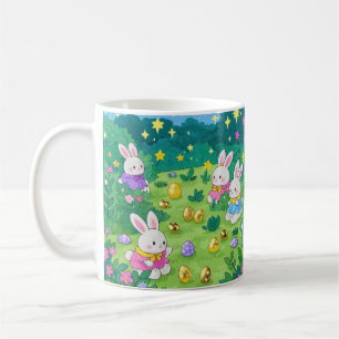 Cartoon bunnies hiding eggs in a garden coffee mug