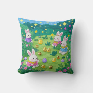 Cartoon bunnies hiding eggs in a garden throw pillow