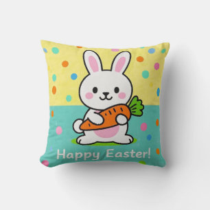 Cartoon bunny holding a carrot polka dots throw pillow