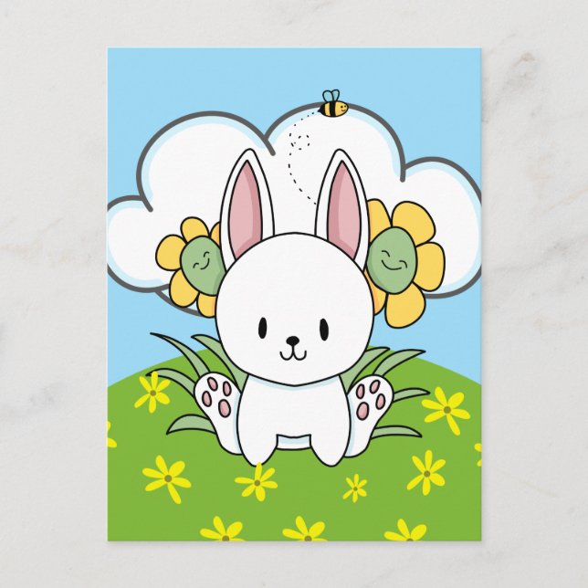 Cartoon Bunny Rabbit And Happy Flowers Postcard (Front)