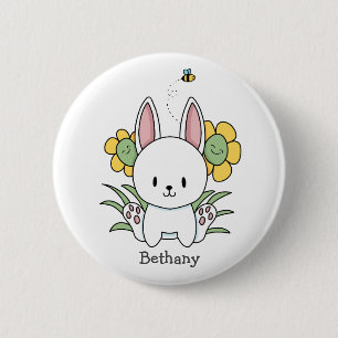 Cartoon Bunny Rabbit With Funny Flowers 2 Inch Round Button