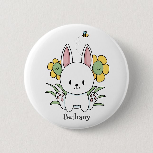 Cartoon Bunny Rabbit With Funny Flowers 2 Inch Round Button (Front)