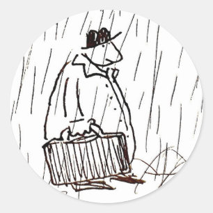 Cartoon Businessman Briefcase Guy in Rain Classic Round Sticker
