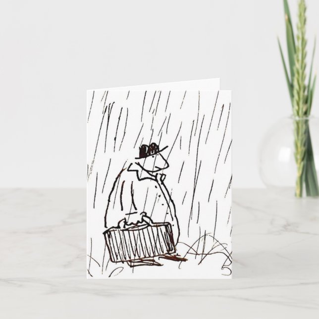 Cartoon Businessman Briefcase Guy in Rain Folded Note Card (Front)