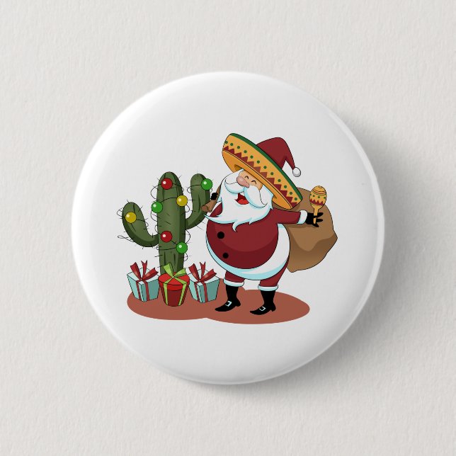 Cartoon cactus and Santa Claus wearing a sombrero 2 Inch Round Button (Front)