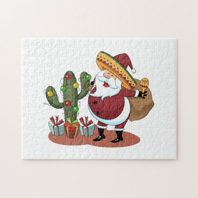 Cartoon cactus and Santa Claus wearing a sombrero Jigsaw Puzzle (Horizontal)