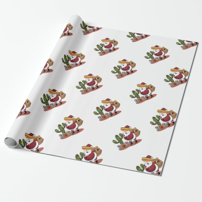 Cartoon cactus and Santa Claus wearing a sombrero Wrapping Paper (Unrolled)