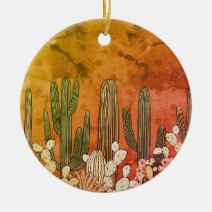 Cartoon Cactus on Orange Ceramic Ornament