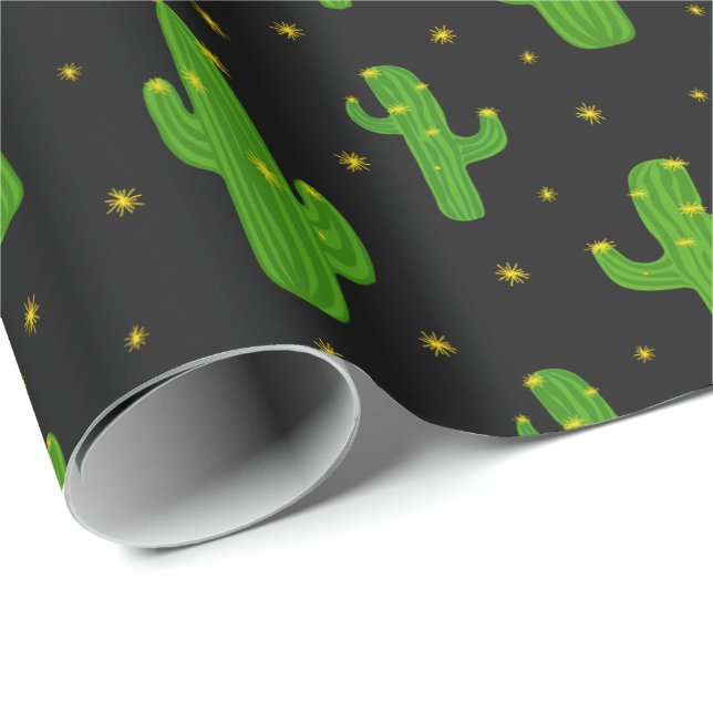 Cartoon Cactus Plants on Black Wrapping Paper (Roll Corner)