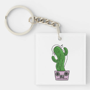 Cartoon Cactus with Headphones and Boombox as Pot Keychain