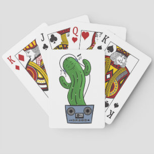 Cartoon Cactus with Headphones and Boombox as Pot Playing Cards