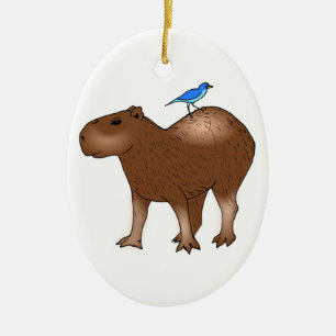 Cartoon Capybara with Blue Bird on Its Back Ceramic Ornament