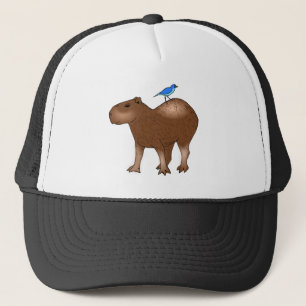 Cartoon Capybara with Blue Bird on Its Back Trucker Hat