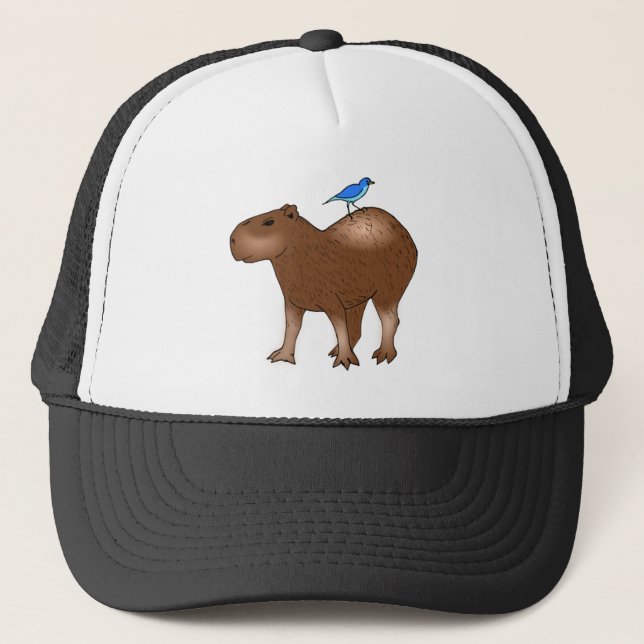 Cartoon Capybara with Blue Bird on Its Back Trucker Hat (Front)