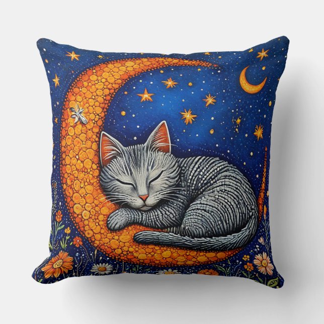 Cartoon cat and moon throw pillow (Front)
