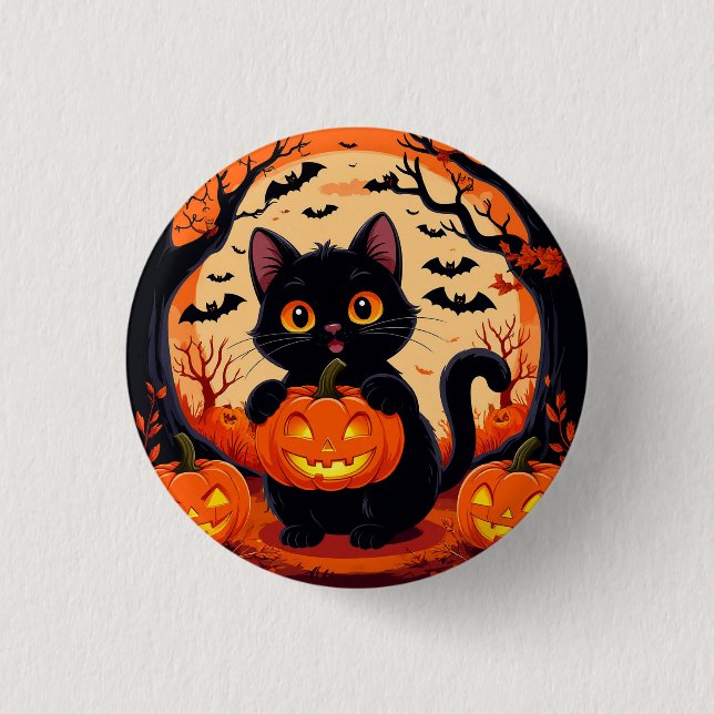 Cartoon Cat and Pumpkins Under Full Moon 1 Inch Round Button (Front)