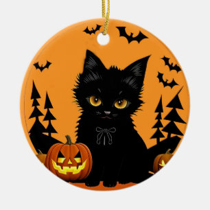 Cartoon Cat and Pumpkins Under Full Moon Ceramic Ornament