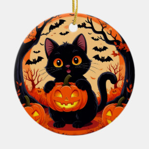 Cartoon Cat and Pumpkins Under Full Moon Ceramic Ornament