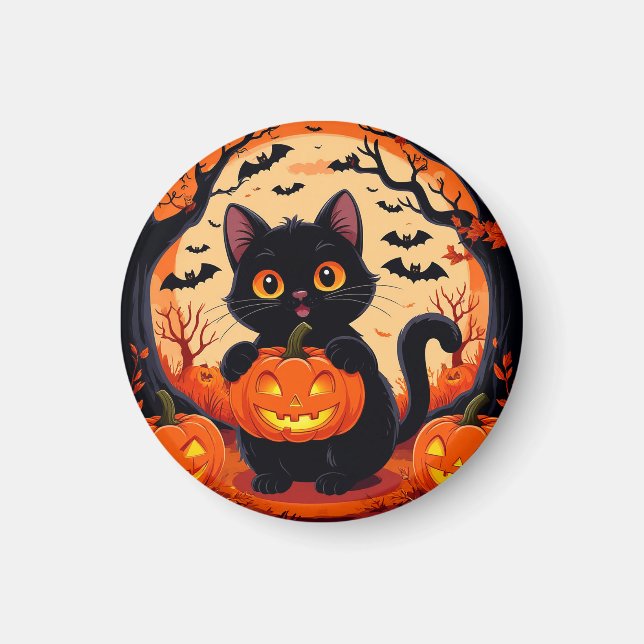 Cartoon Cat and Pumpkins Under Full Moon Magnet (Front)
