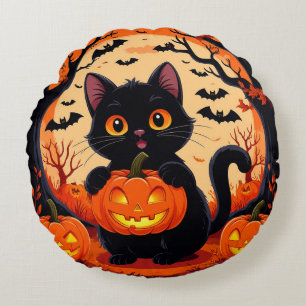 Cartoon Cat and Pumpkins Under Full Moon Round Pillow