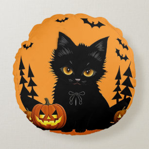 Cartoon Cat and Pumpkins Under Full Moon Round Pillow