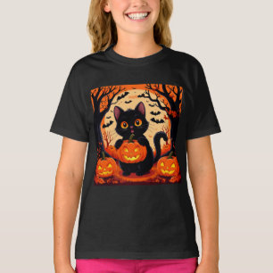 Cartoon Cat and Pumpkins Under Full Moon T-Shirt