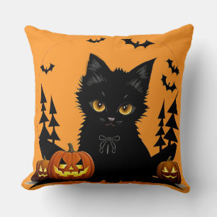 Cartoon Cat and Pumpkins Under Full Moon Throw Pillow