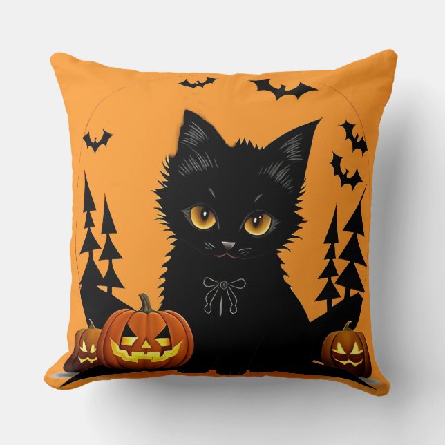 Cartoon Cat and Pumpkins Under Full Moon Throw Pillow (Front)