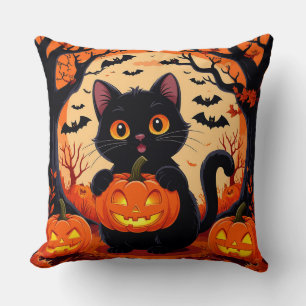 Cartoon Cat and Pumpkins Under Full Moon Throw Pillow