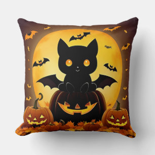 Cartoon Cat Bat and Pumpkins Under Full Moon Throw Pillow