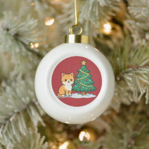 Cartoon Cat by Christmas Tree Snowy Sticker Ceramic Ball Christmas Ornament