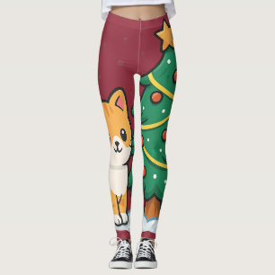 Cartoon Cat by Christmas Tree Snowy Sticker Leggings