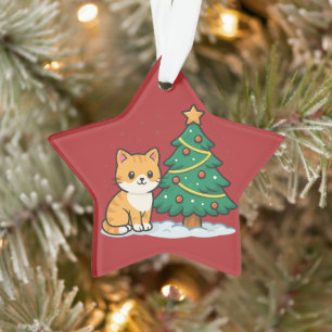 Cartoon Cat by Christmas Tree Snowy Sticker Ornament