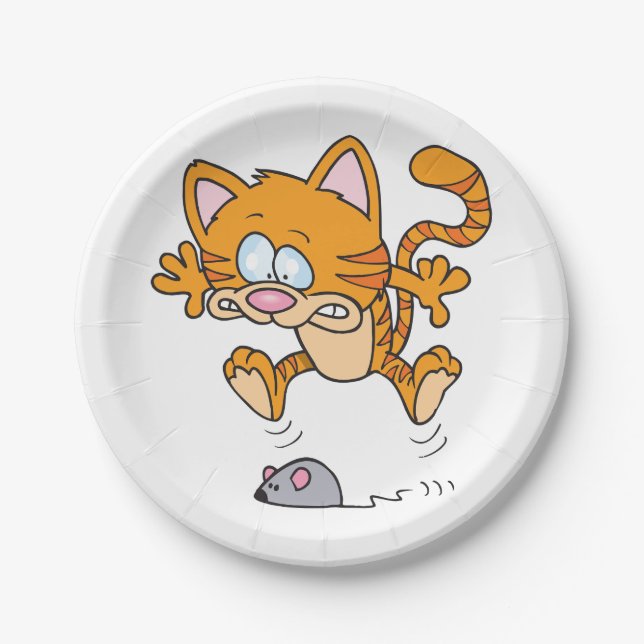 Cartoon Cat Chasing Mouse Funny Cute Animal Paper Plate (Front)