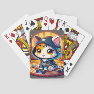 cartoon cat, cozy rug, plants, candle, video games playing cards