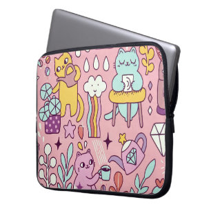 Cartoon Cat Fun On Pink Laptop Sleeve