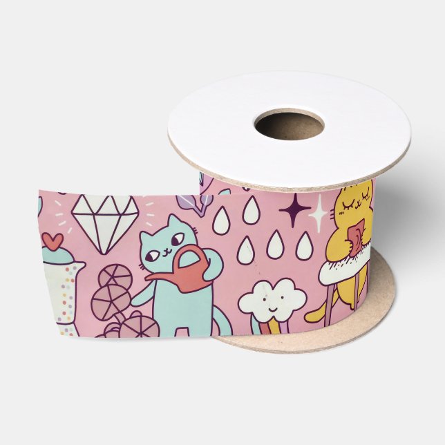 Cartoon Cat Fun On Pink Satin Ribbon (Spool)