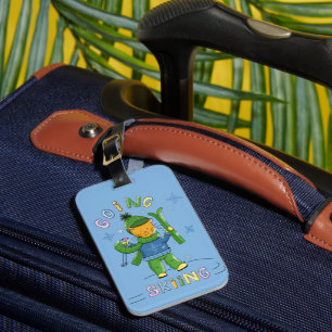 Cartoon Cat Going Skiing Kid Blue Luggage Tag