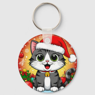 Cartoon Cat in Santa Hat With Christmas Decoration Keychain