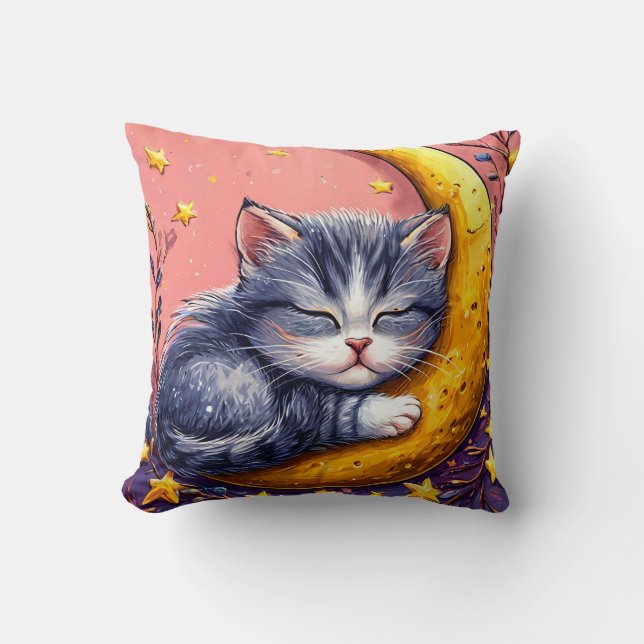 Cartoon cat on the moon throw pillow (Front)