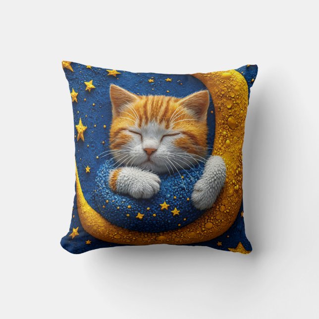 Cartoon cat on the moon throw pillow (Front)